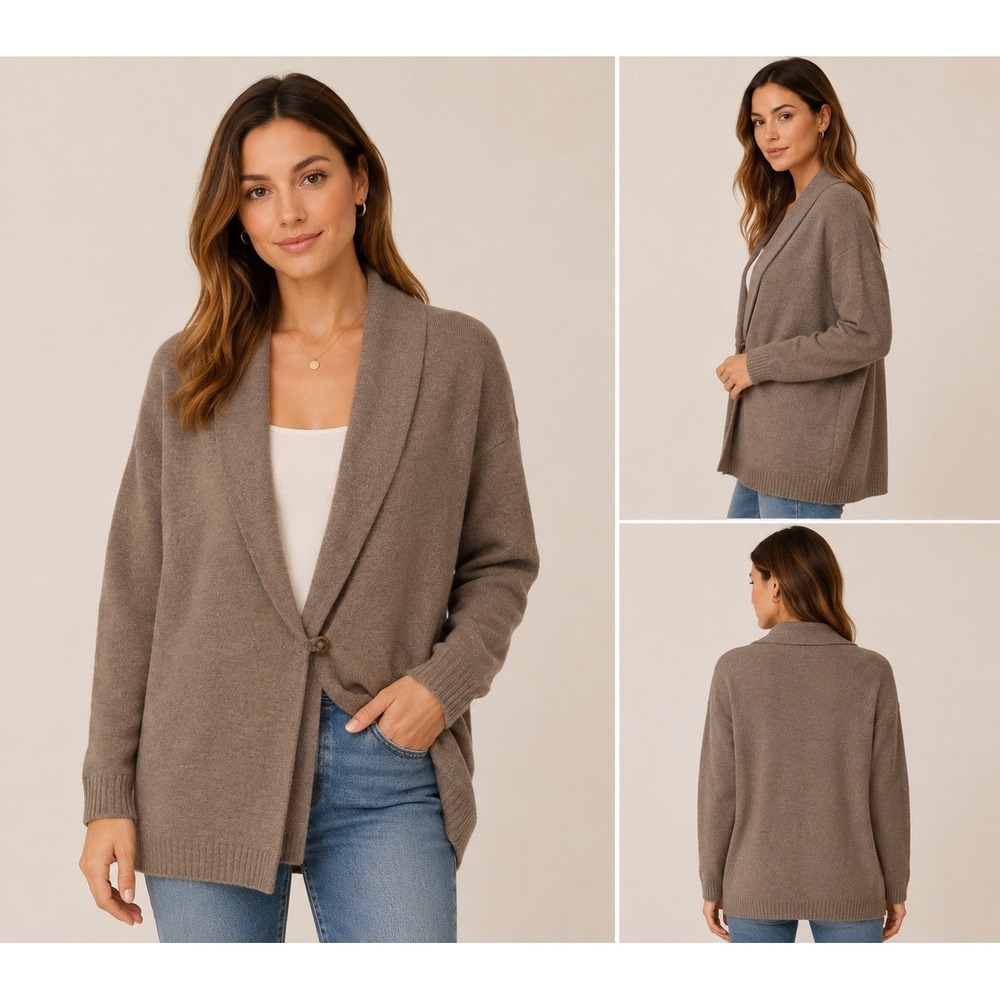 Cynthia Rowley Woman 1X Merino Wool Blend Long Cardigan Brown Shawl Collar
